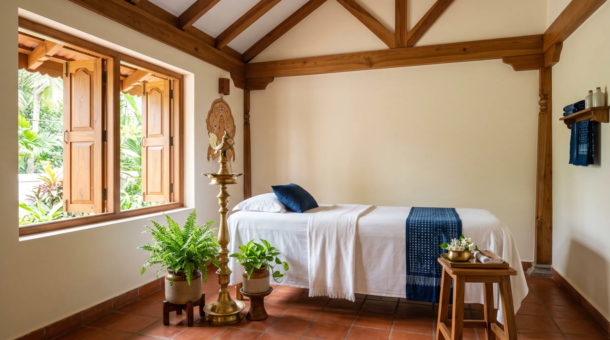 A calm treatment room with teak wood, white linen and morning light