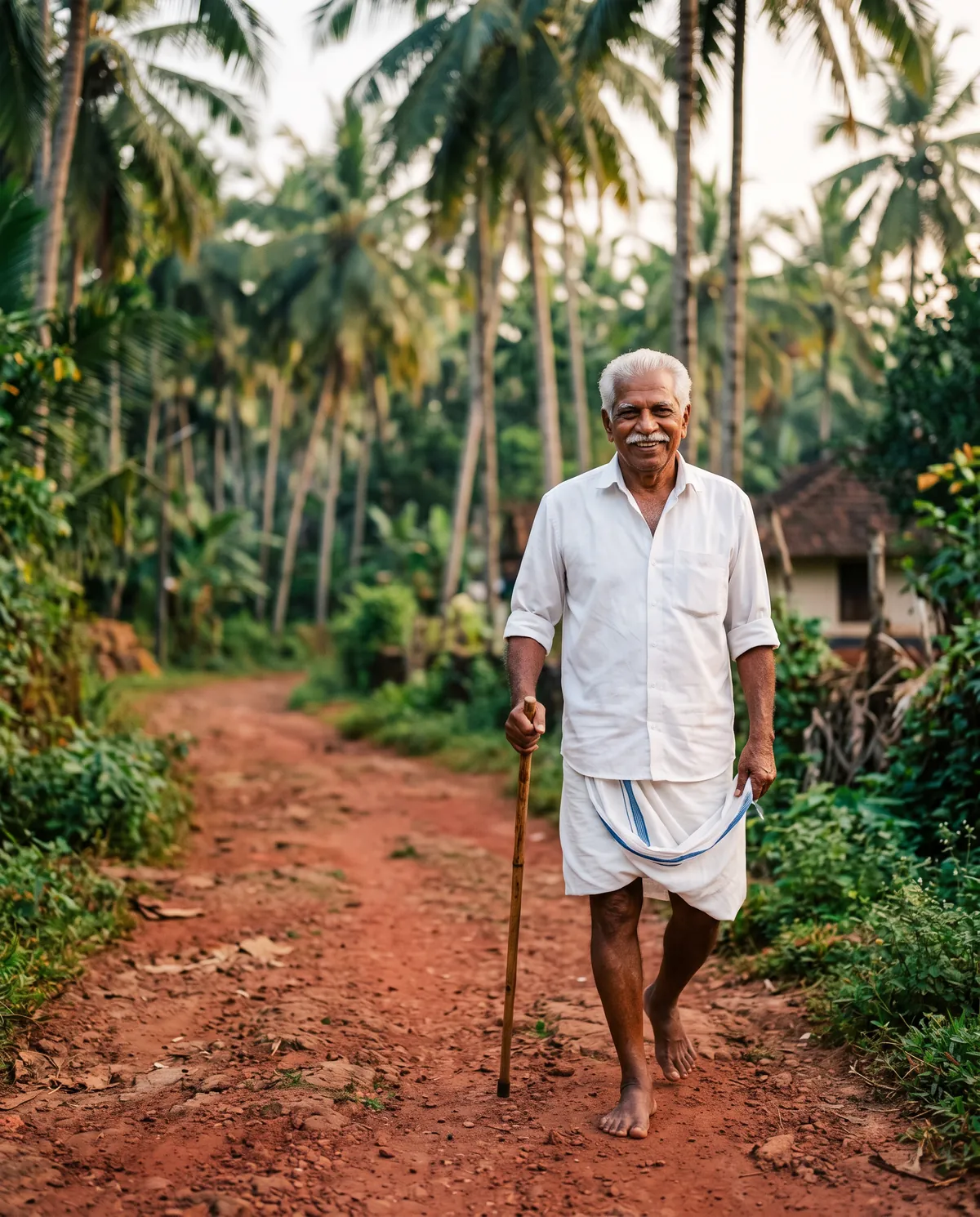 A smiling elderly man walking along a red laterite village path