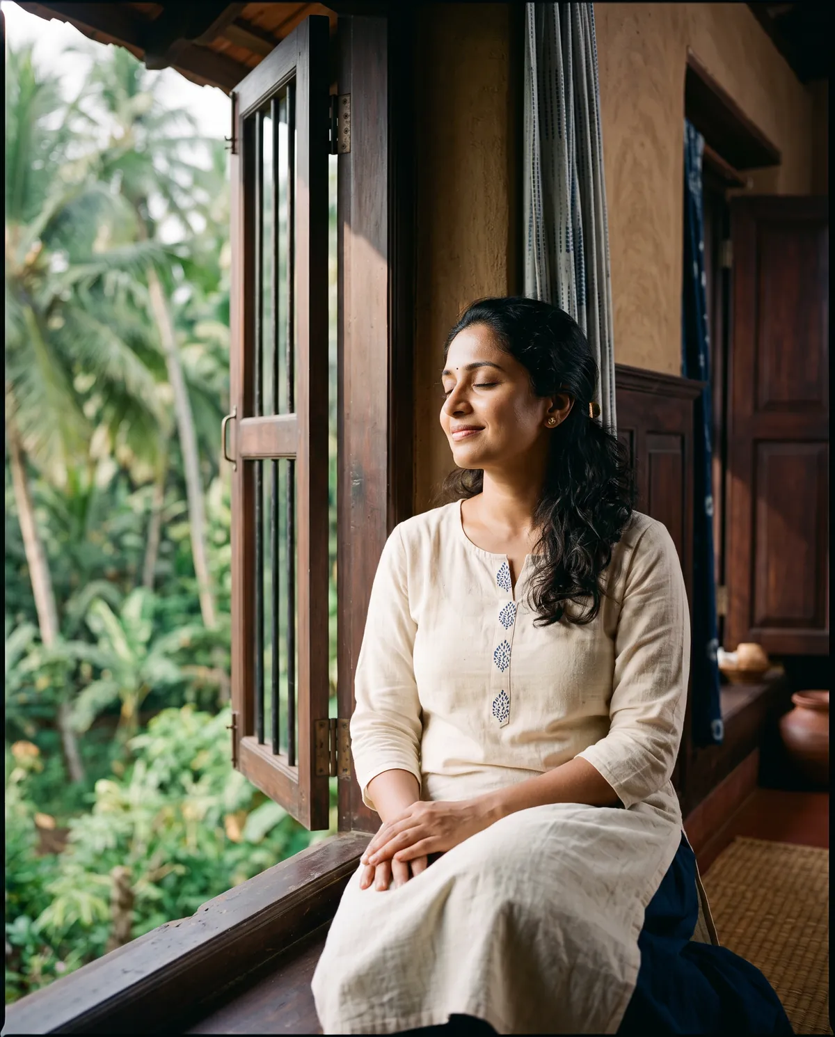 A serene woman with eyes closed by a sunlit window