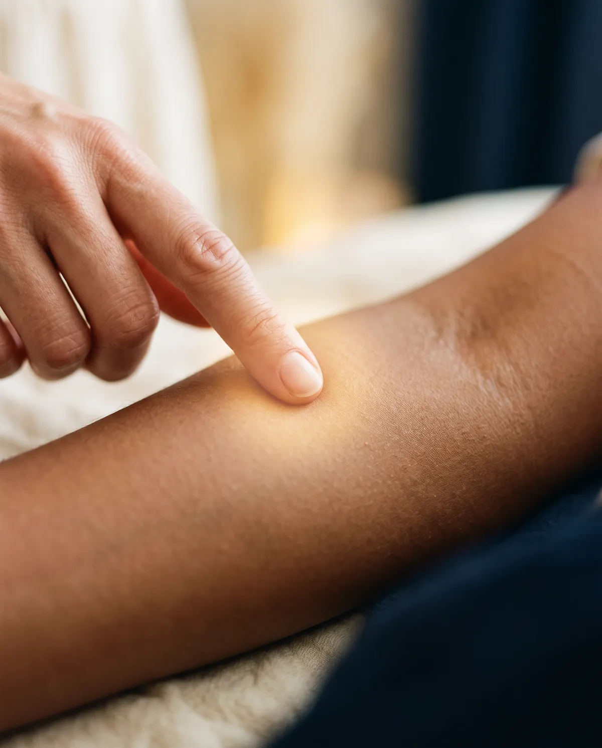 A healer's fingertip gently touching a single point on the forearm